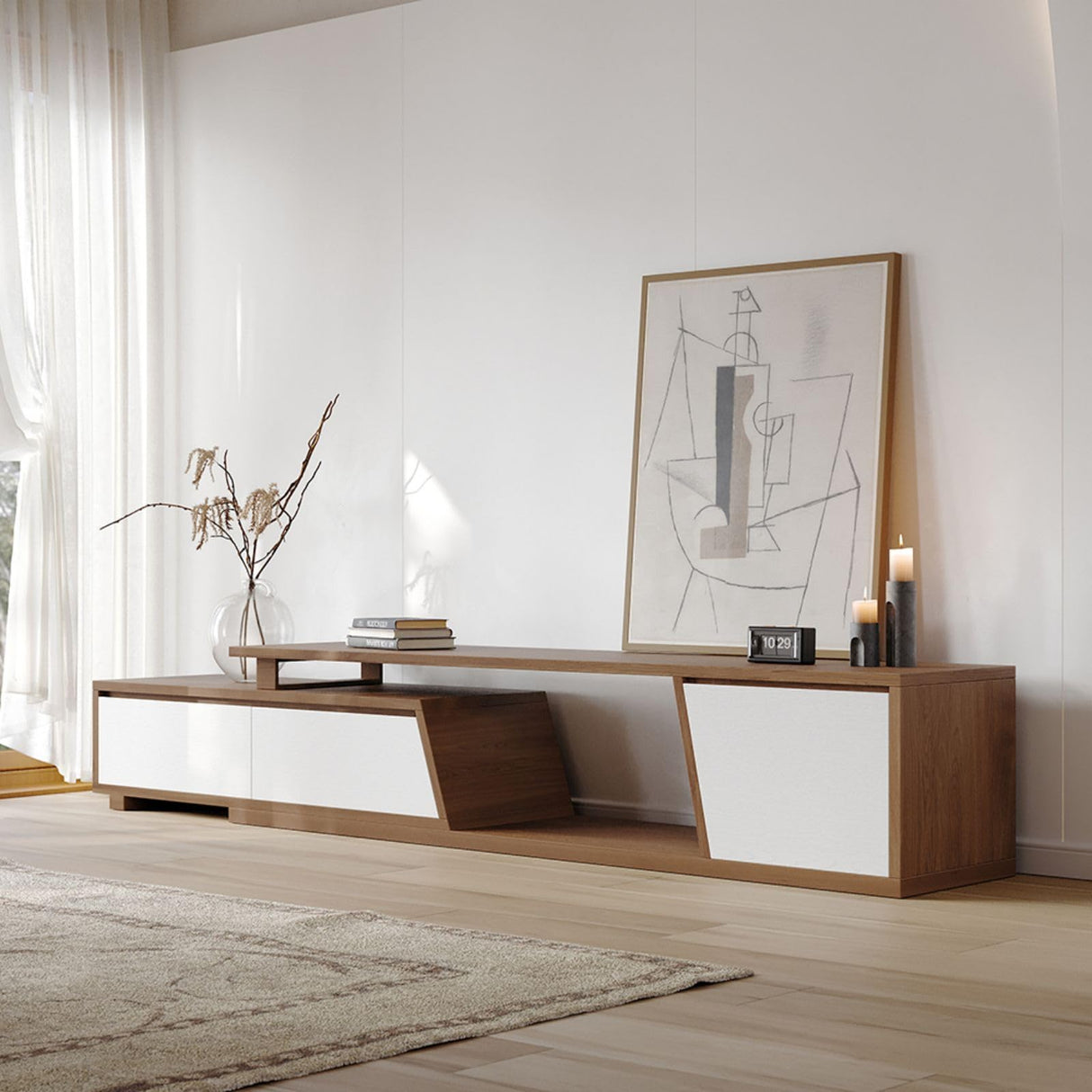 homary Extendable TV Stand with 3 Drawers Minimalist Rectangle Entertainment Center Walnut TV Console Table Up to 110" (Extendable: 70.9”W-110.2”W) (White & Walnut) homary