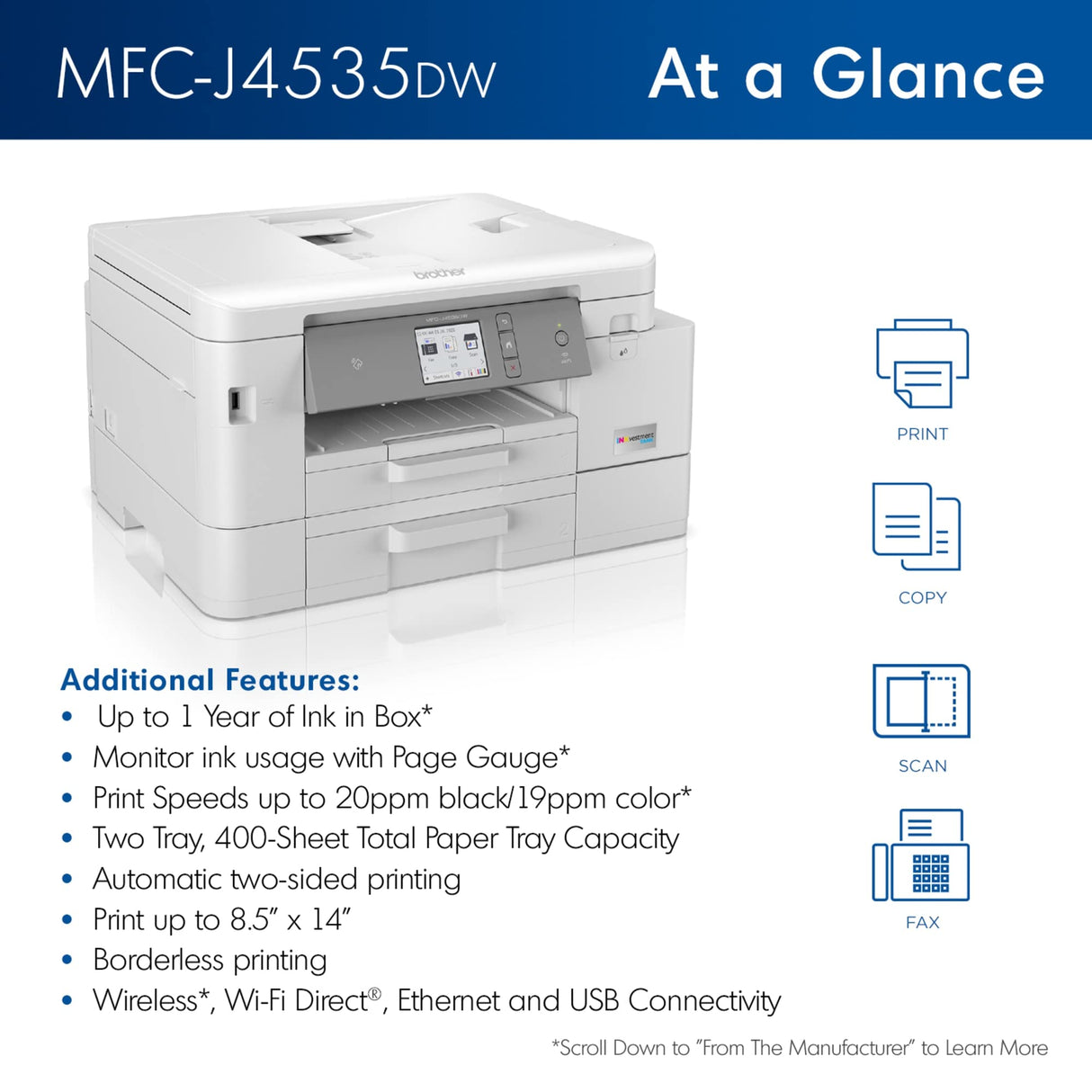 Brother MFC-J4535DW INKvestment -Tank All-in-One Color Inkjet Printer with NFC, Duplex and Wireless Printing Plus Up to 1-Year of Ink in-Box, White Brother