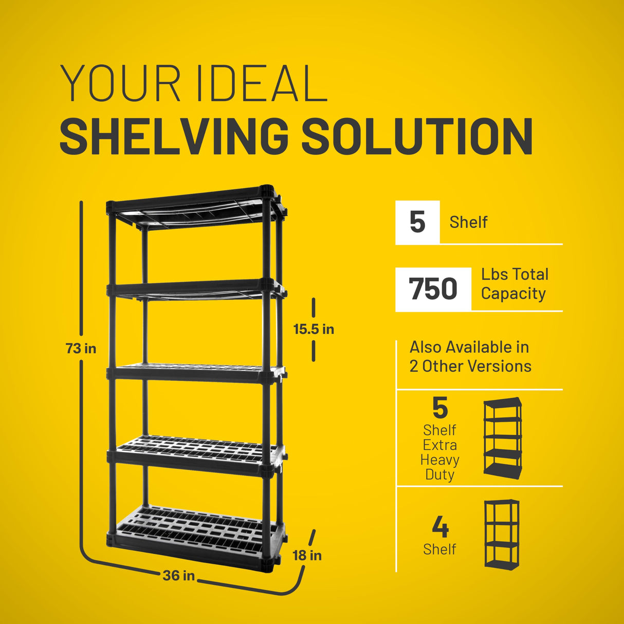 Plano 5-Shelf Plastic Storage Shelves, 73” x 36” x 18”, 750lb Capacity, Pantry, Office, Closet and Garage Shelves, Easy to Assemble, Durable Plastic Shelving Unit Plano