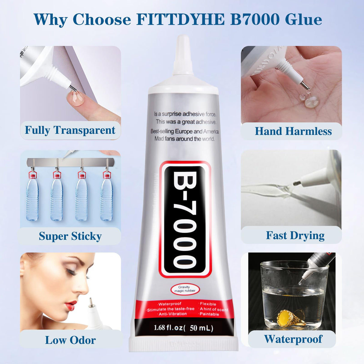 FITTDYHE B7000 Glue Clear with Precision Tip,50Ml B7000 Glue Clear for Rhinestones Glue for Crafts, Multipurpose Jewelry Glue for Fabric DIY Craft Makeup Shoes Jewelry Making Nail Art FITTDYHE