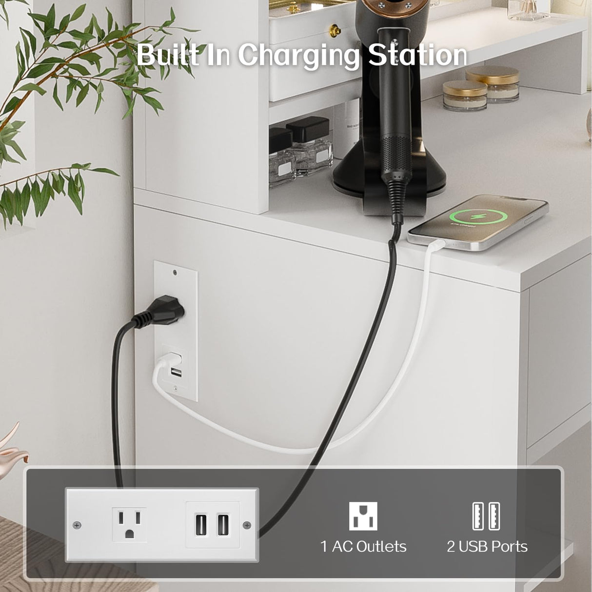 Haewon White Small Vanity Desk Set with Mirror and Lights, Mini Makup Table with Chargin Station and Storage Chair for Compact Space Bedroom Haewon