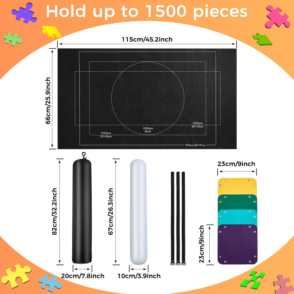 Jigsaw Puzzle Mat Roll Up - Portable Puzzles Saver Pad Up to 1500 Pieces, Full Accessories Puzzle Keeper with 4 Sorting Trays, Storage Bag, Easy Transport & Storage Puzzles Board Soekely