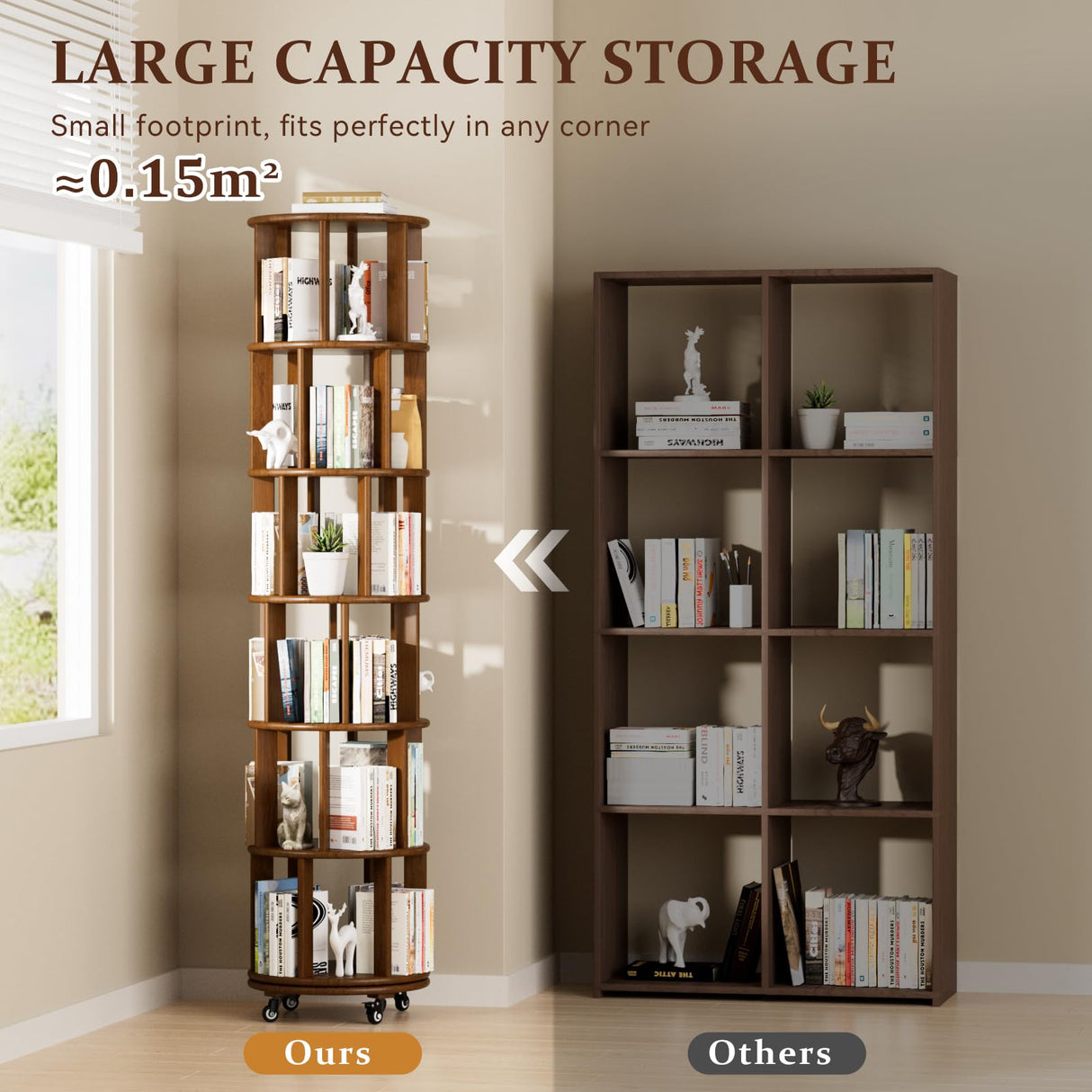 Azlafu Rotating Bookshelf Tower with Wheels, 6 Tier Walnut Wood Round Spinning Bookshelf Tower, 360° Revolving Bookcase Rolling for Kids Adult, Rotation Book Shelf for Bedroom, Living, Office, Corner Azlafu
