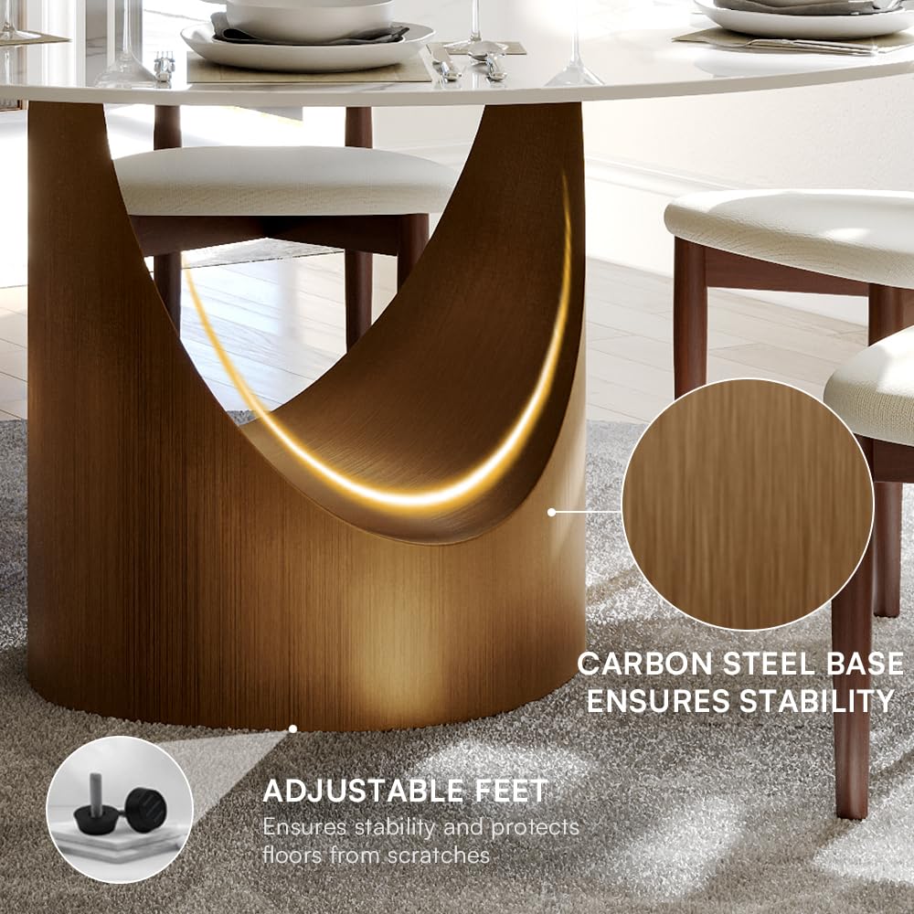 POVISON 59" Round Dining Table for 6, Glossy White Sintered Stone Dining Tabletop with Bronze Carbon Steel Pedestal, Modern Dining Room Table for Living Room, Kitchen (Table ONLY) POVISON