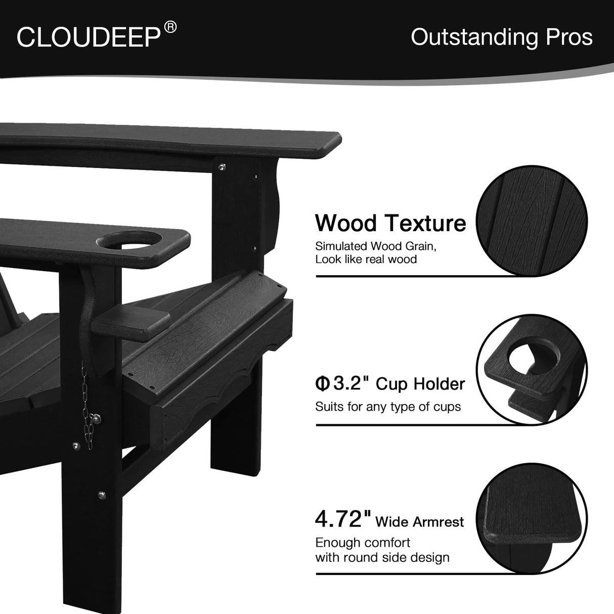 CLOUDEEP Folding Adirondack Chairs Outdoor Chair, HDPE Patio Chair for Deck Garden Backyard Balcony, Weather Resistant & Comfortable, Black CLOUDEEP