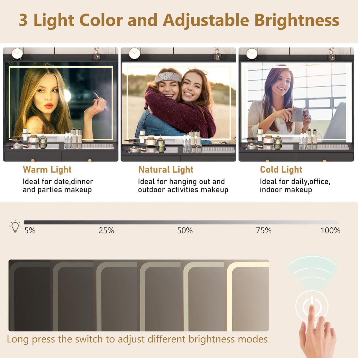 62" Large Black Vanitys Desk w/ Tempered Glass Top,60000-color LED Lights,Power Outlet, Make up Vanity w/ 3 Lights Mode LED Mirror,9 Drawers,2 RGB Cabinet LED Vanity Table for Women,Girls chartustriable