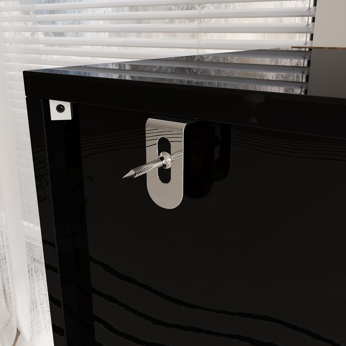 Hitow High Gloss Curio Display Cabinet for Collectibles, 63" W Lighted Bookshelf, Metal and Wood Bookshelf with Glass Doors & Drawers, Rustic Glass Display Case for Living Room, Black & Wood Grain Hitow