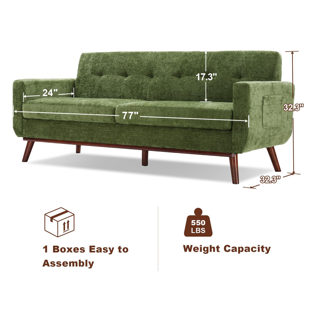Eiayeebil 77" W Loveseat Sofa Chenille Couch for Living Room,Small Sofa Olive 2 Seater Office Couch for Small Spaces Mid Century Modern, Easy to Install,Green Eiayeebil