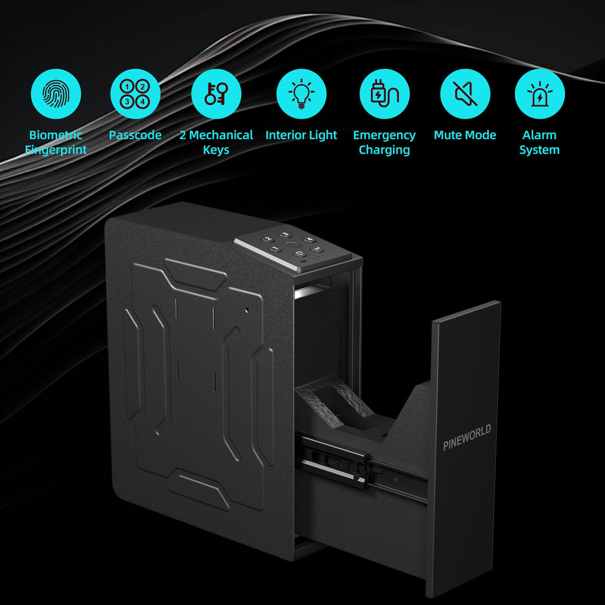 PINEWORLD Gun Safe For Handgun, Biometric Slider Bedside Handgun Safe, Pistol Lock Case for Nightstand,Sliding Door Hand Gun Safe for Pistol -with 3 Quick Access Fingerprint, PIN Code, KEY PINEWORLD