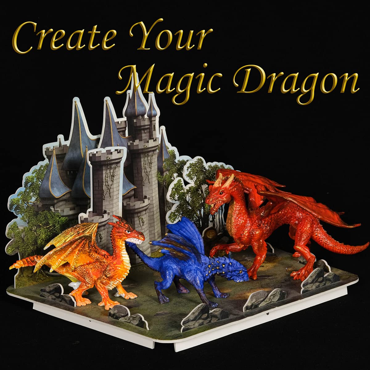 whatstem Kids Arts Crafts Set - Dragon Toys Painting Kit with 3 Dragons Figurines and 3D Jigsaw Puzzle Castle, Best Tween Paint Gift to Create Own Powerful Dragon whatstem