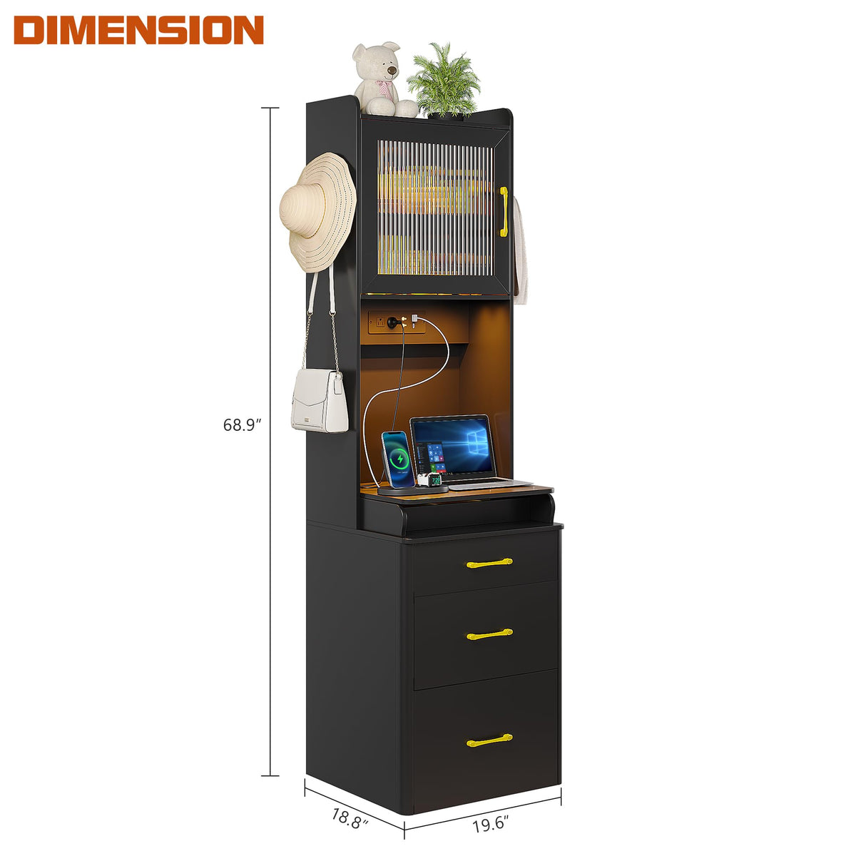 Gurexl 3 in 1 Vanity Desk with Human Sensor LED Light,Tall Makeup Vanity Set with 2 AC Outlets & USB-C,Make Up Vanity Desk with Flip-up Mirror,Jewelry Box,Cushioned Tool,2 Drawer,Bedroom Gurexl