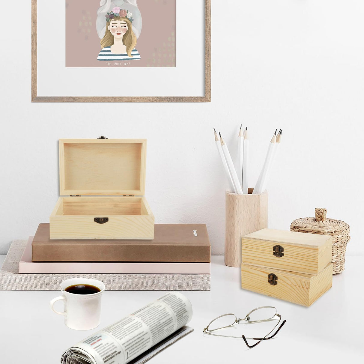 MUXHEL 12 Pcs Unfinished Wooden Boxes - 6" 4" 2" Wood Craft Boxes with Hinged Lid, Bulk Rectangle Wooden Storage Boxes for DIY, Painting, Storage (with 10 Brushes) MUXHEL