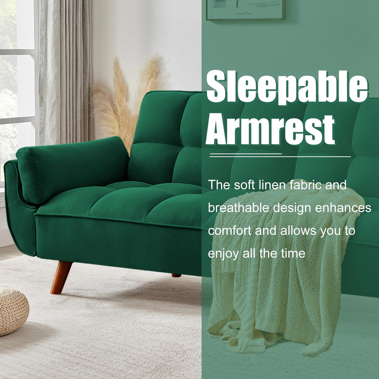 liuyouhom Convertible Futon Couch Bed, Sleeper Sofa Bed with Adjustable Backrests, Linen Loveseat Sofa 3 Seater Comfy Couch for Small Spaces, Living Room, Bedroom(Green, 75") liuyouhom