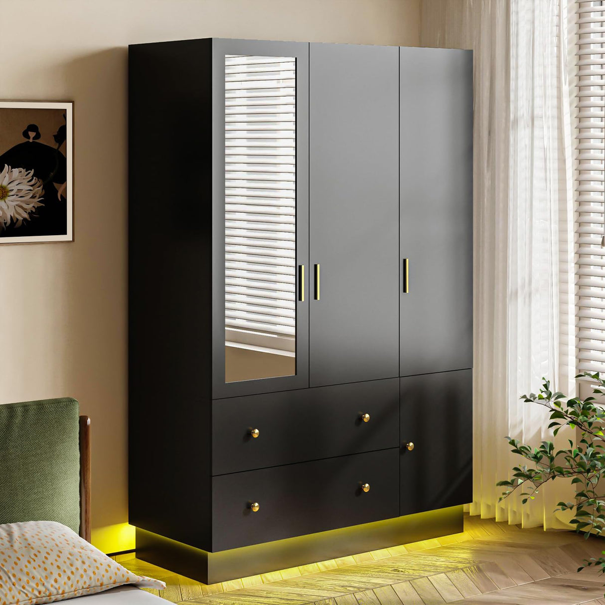 DalyLuxa 3 Doors Armoire Wardrobe Closet with Mirror & Organizers, LED Wooden Bedroom Armoires with Hanging Rod for Bedroom, Black DalyLuxa