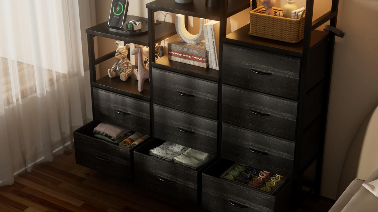 HPWLYO 9 Drawer Dresser with LED Light, Tall Fabric Drawers Dresser for Bedroom with Power Outlets, Dressers & Chests of Drawers with 3 Shelves for Bedroom HPWLYO