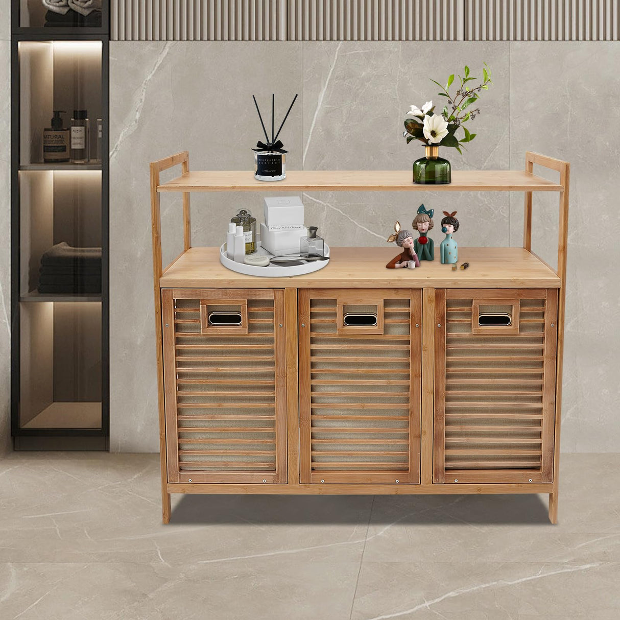 Tilt Out Laundry Hamper, Bamboo Laundry Cabinet for Laundry Room Bathroom Clothes Storage, Modern Bathroom Floor Cabinet Emmliy