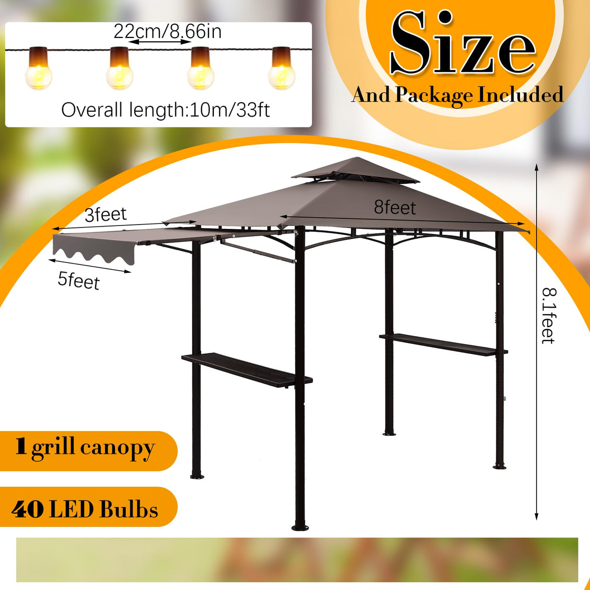 Burbell 5 x 11'grill Gazebo with Extra Shadow with 33ft Outdoor String Lights, Outdoor BBQ Grill Canopy with Extra Side Awnings and LED Lights with 40 Bulbs Waterproof for Patio Party Backyard (Brown) Burbell