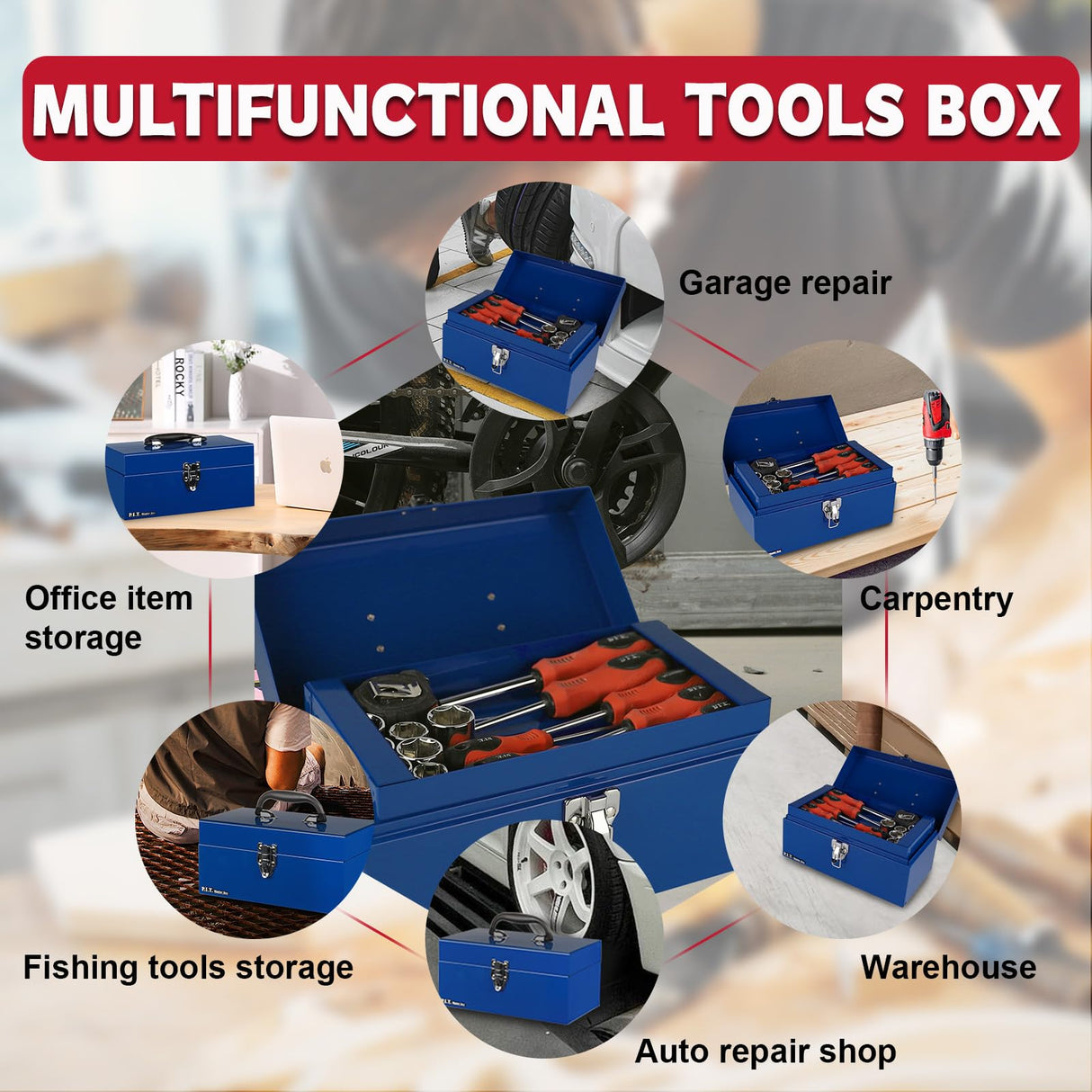 P.I.T. Small Tool Box,Portable Removable Tray Heavy Steel Tool Box with Metal Latch Closure,Blue,Tool Storage, Lockable,Mini Tool Box,Small Tool Case for Household, Warehouse,Tools Storage,Home DIY P.I.T.