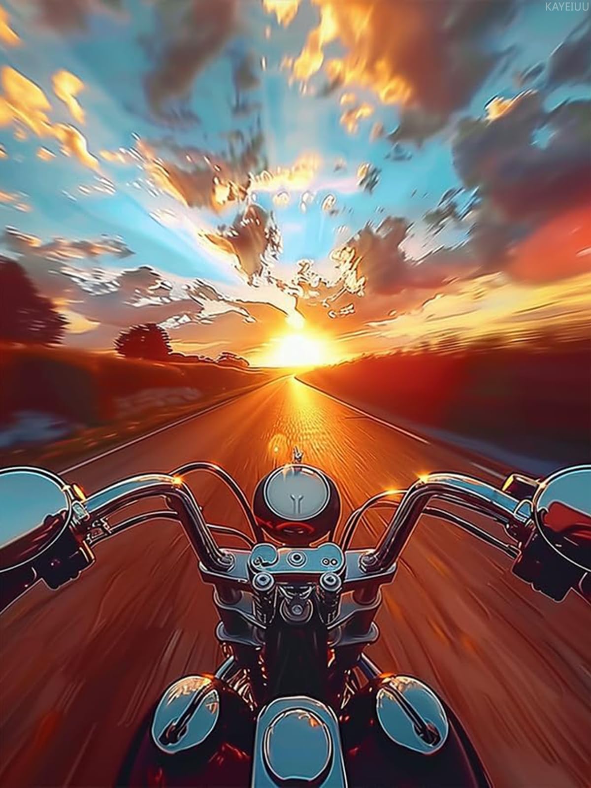 Interesting Motorcycle Diamond Art Painting Kits for Adult, Transportation Vehicles 5D Diamond Art for Adults, Round Drill Painting by Diamonds Art and Crafts for Home Wall Decor Gift 12x16inch KAYEIUU