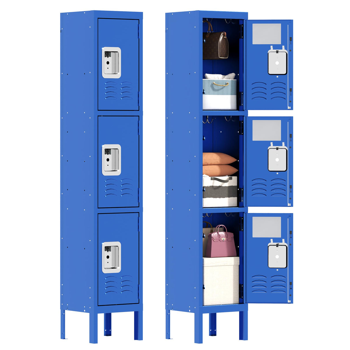 IKIMI 66" Metal Lockers for Employees 3 Tier Storage Locker with Doors and Shelves,Steel Lockable Cabinet with Hooks Gray Tall Locker for School Office Gym Home Garage IKIMI