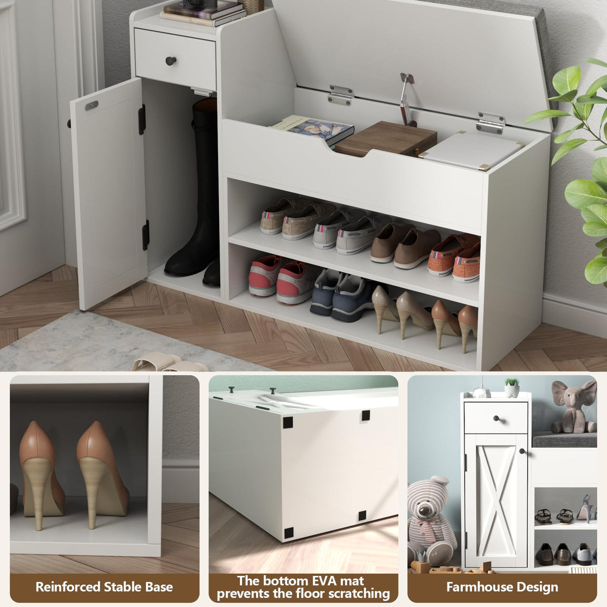 Gyfimoie Shoe Storage Bench, Farmhouse Entryway Bench with Drawer, 2-Tier Shoe Bench with Seat Cushion & Lift Top Storage Box, Slim Shoe Cabinet Bench for Entryway, Living Room, Bedroom (White) Gyfimoie