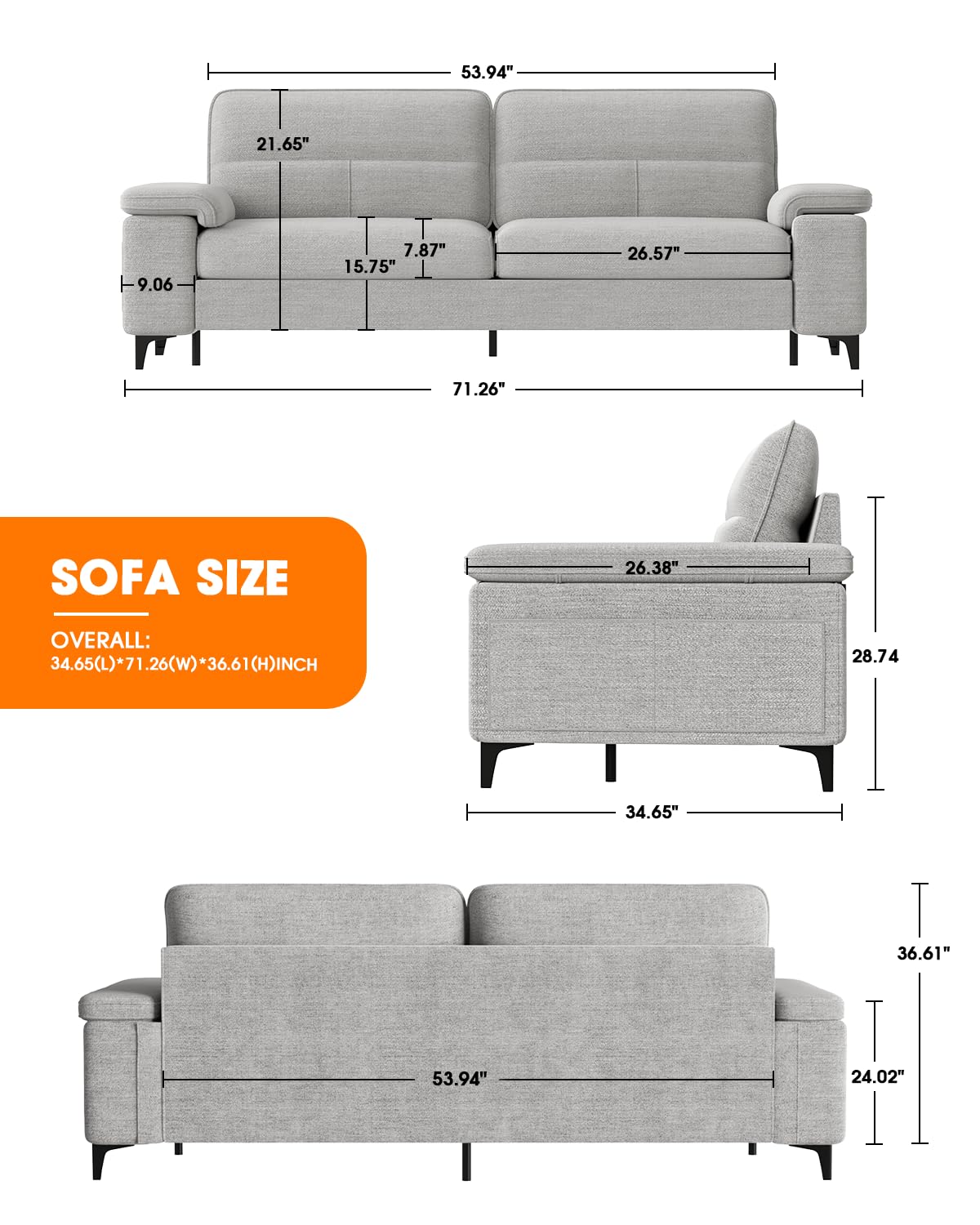 71.25" Modern Couches for Living Room, Deep Seat Sofa with 8” Cushion, Comfy 2-Seater Chenille Loveseat with Convertible Armrest, Removable Sofa Cover, High Leg(Light Gray) Upvilla