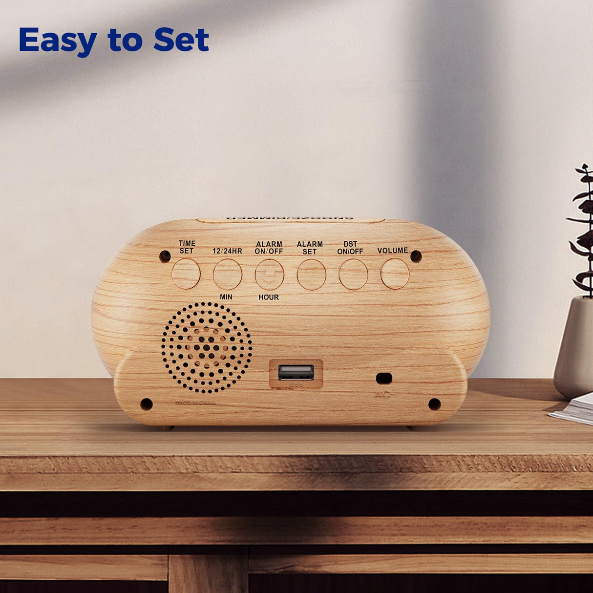 uscce Small Digital Clock for Bedroom: 6 Dimmable Brightness 4 Alarm Volume - Plug in Clock with Easy Operation for Bedside Desk Wood Grain uscce