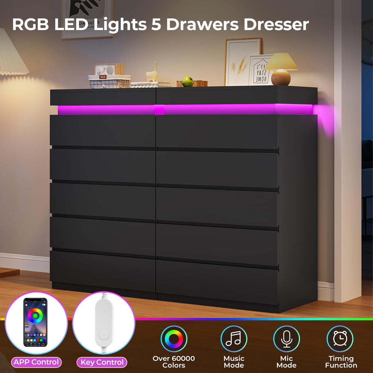 BTHFST 5 Drawers Black Tall Dresser with LED Lights, Modern Tall LED Organizer for Bedroom, Wooden Tall Chest of Drawers with Large Capacity for Bedroom, Closet, Hallway BTHFST