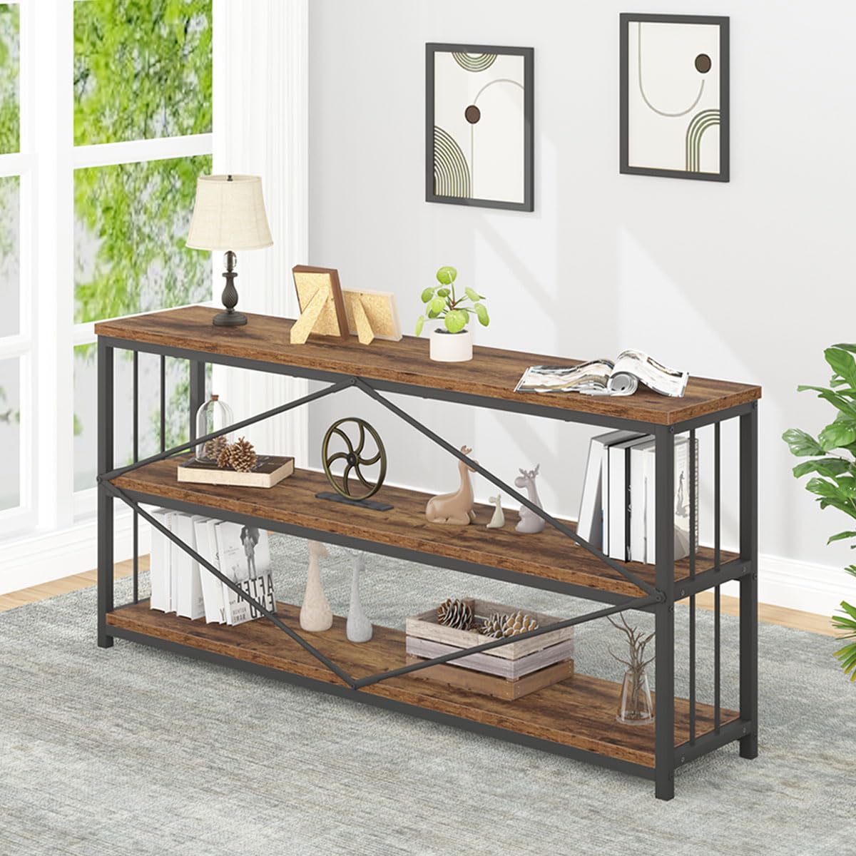 IBF Low Rustic 3 Tier Bookshelf, Industrial Horizontal Wood Bookcase, Farmhouse Long Wide Open Metal Etagere, Modern Large Vintage Book Shelf for Home Office Bedroom Living Room, Rustic Brown, 63 Inch IBF