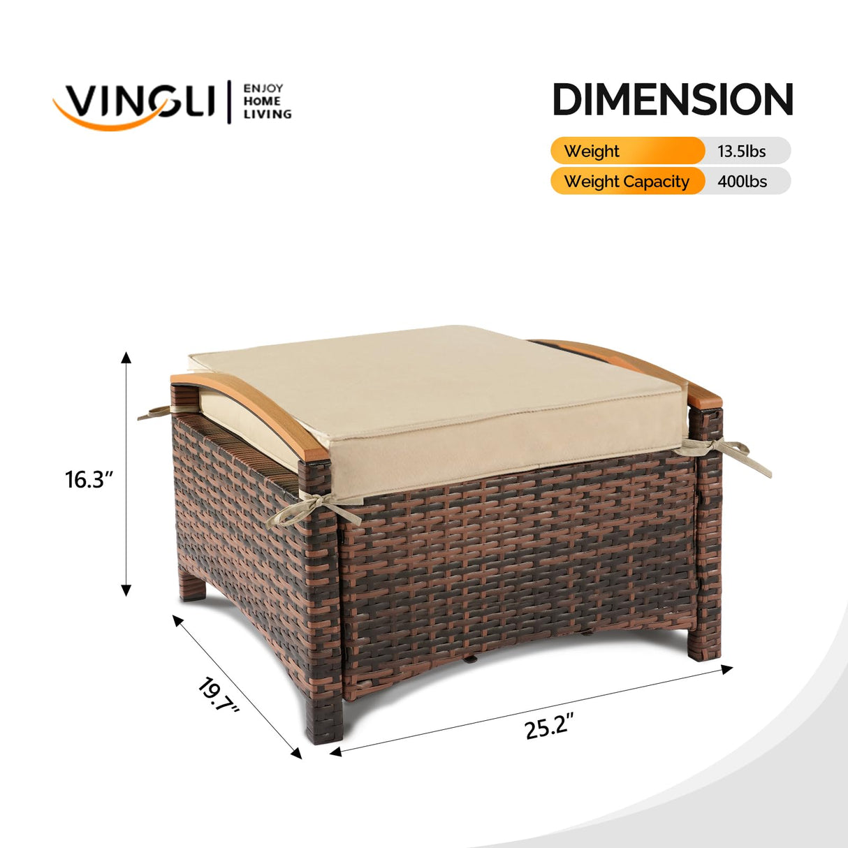 VINGLI Wicker Outdoor Ottoman Set of 2, All Weather PE Rattan Footstool for Patio w/Removable Cushions, Waterproof Rattan Foot Rest for Garden, Balcony, Poolside (Brown) VINGLI