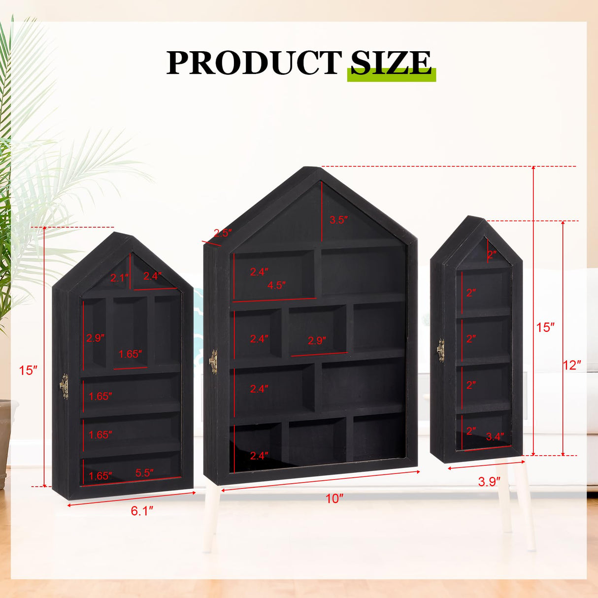 DoubleFill Set of 3 Shadow Cubby Boxes Wooden House Shaped Display Shelf 10 x 15 Inch Large Wall Mounted Display Storage Shelves for Mini Figures Curio Trinket Medals Crafts Collections(Black) DoubleFill
