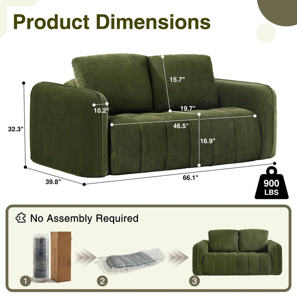 AEMEIOS Boneless Loveseat Couch for Living Room, Oversized Loveseat 2 Seater with 2 Pillow for Lovers,Corduroy Boneless Cloud Sofa Loveseats in a Box for Bedroom,No Assembly Couch, Green AEMEIOS