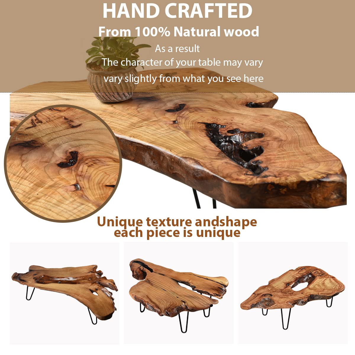 Hurrikom Natural Wood Coffee Table, Natural Wood Edge Contemporary Cocktail Table, Wood Tea Tables for Living Room with Metal Hairpin Legs,Wooden Flower Pot Holder Clear Lacquer Finish Hurrikom