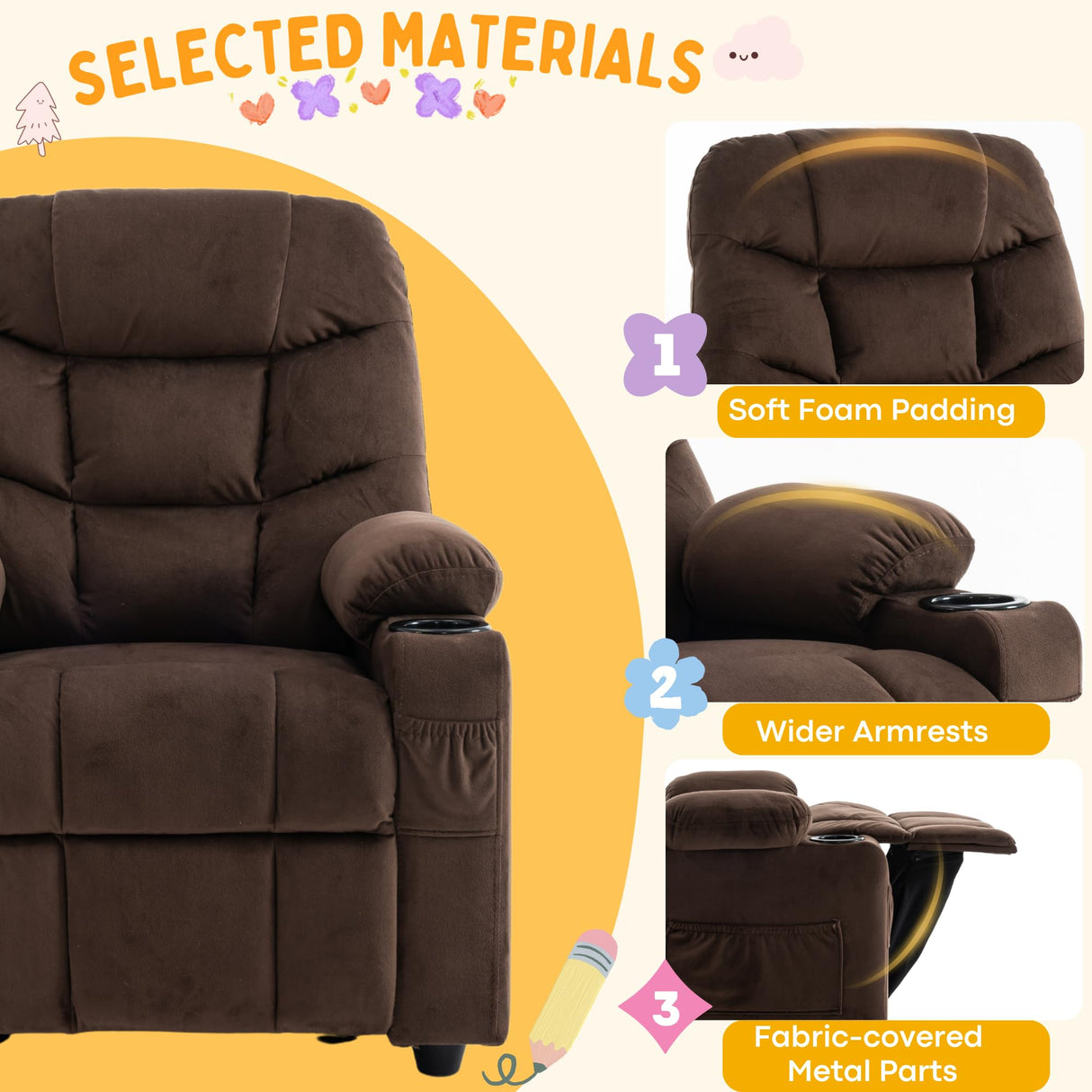 SNUGWAY Donut Larger Kids Reclining Chair Velvet Fabric Recliner Sofa Push Back Children Ages 3-12 with Dual Cup Holders and 4 Pockets SNUGWAY