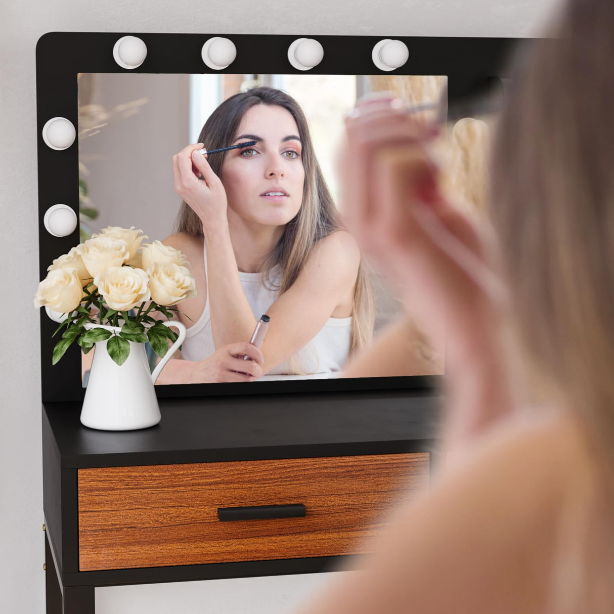 Algherohein Black Makeup Vanity Desk with Mirror and Light Bulb, 39.4" W Make Up Vanity Table with Brown Drawers and Shelves, Dressing Table with Stool and Metal Frame Girls Vanity Set for Bedroom Algherohein