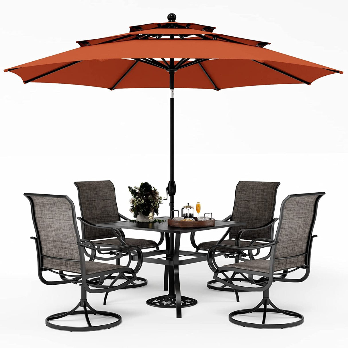 PHI VILLA Patio Dining Set with Umbrella for 4, Outdoor Table & Chairs Set with 4 Padded Swivel Patio Dining Chairs, 1 Metal Dining Table and 10ft Orange Red Large Patio Umbrella (No Umbrella Base) PHI VILLA