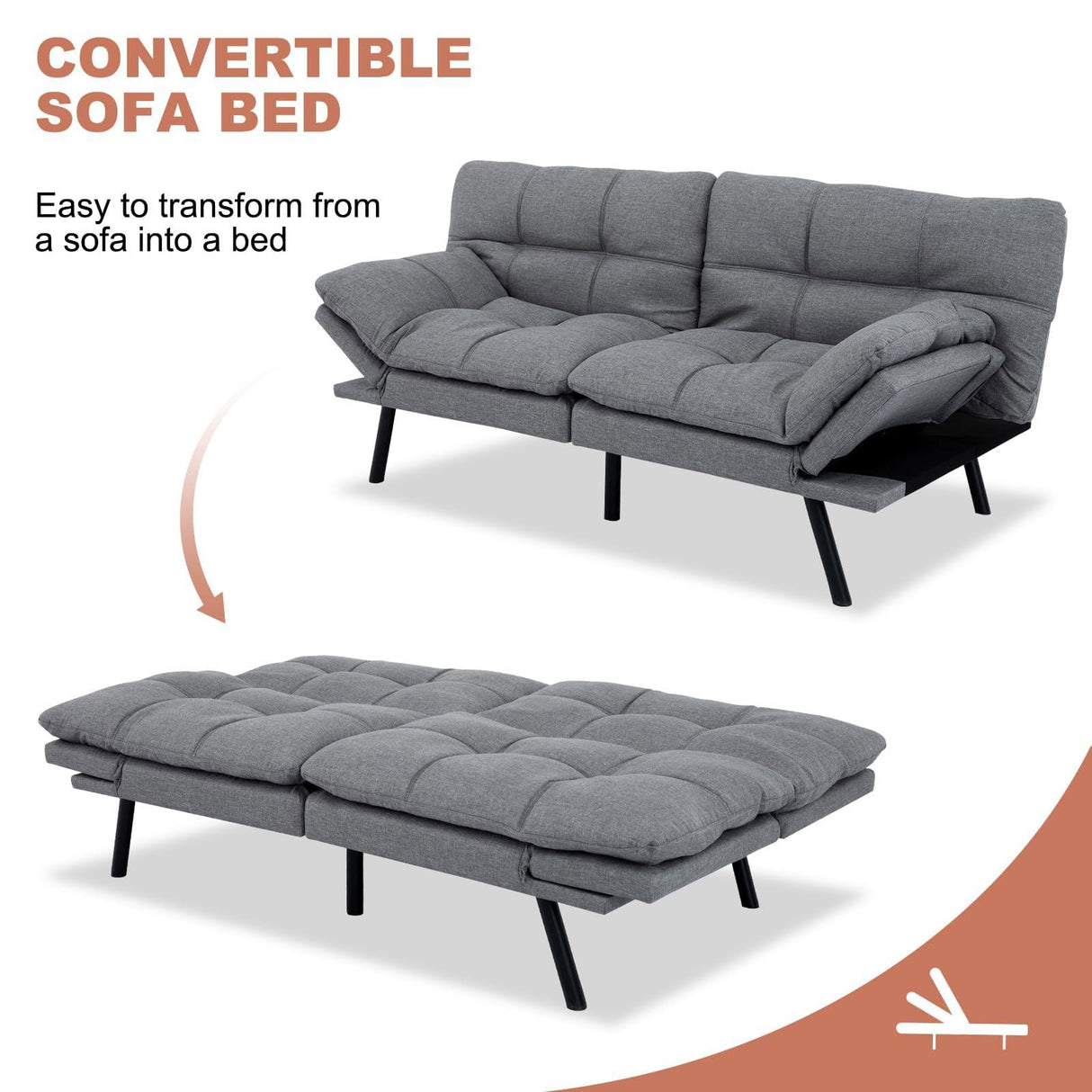 MUUEGM Futon Sofa Bed,Memory Foam Modern Convertible Couch Bed,Folding Futon Sleeper Couch with Compact Living Space,Apartment,Dorm,Bonus Room,71" D x 33" W x 31.5" H,Grey MUUEGM