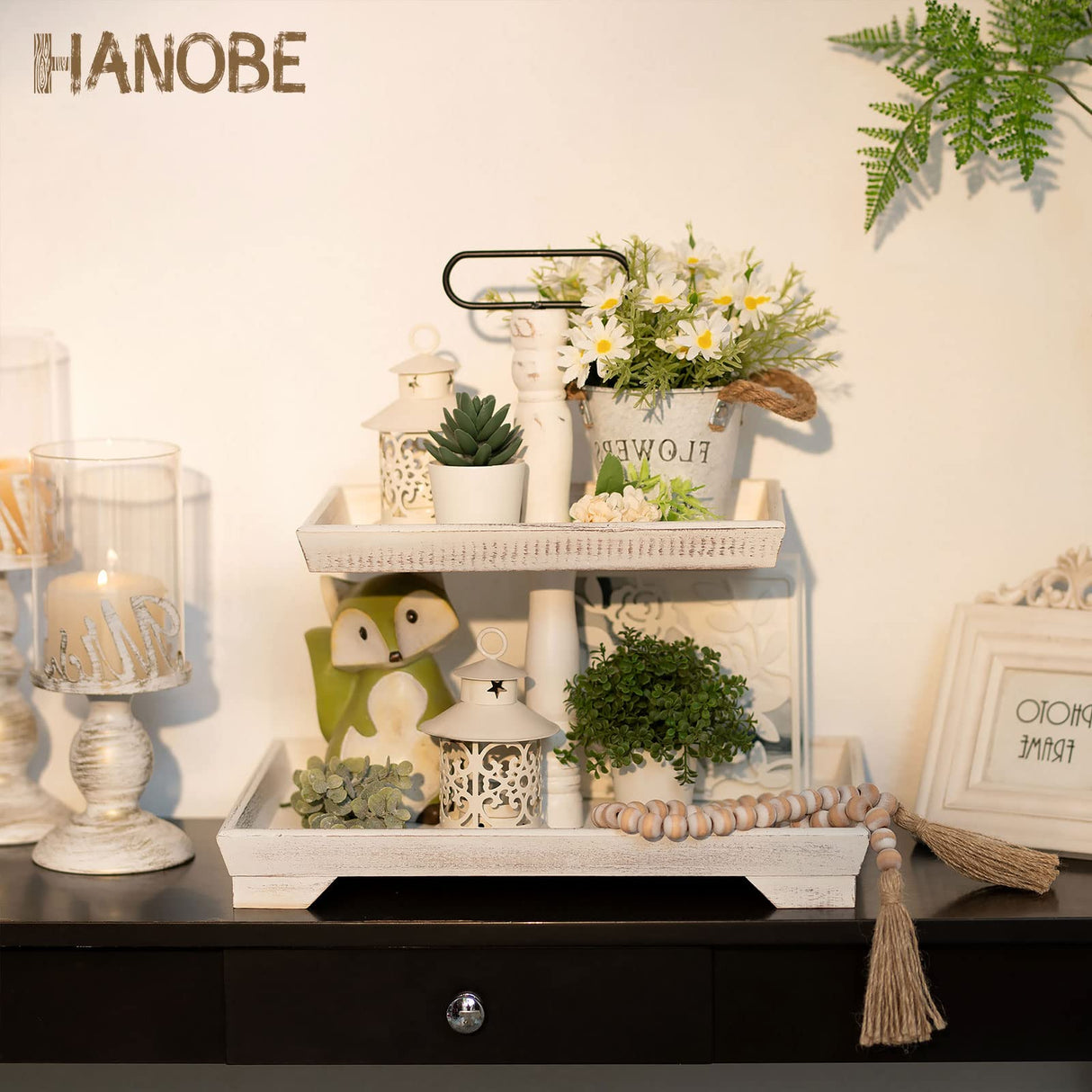 Hanobe Farmhouse Tiered Tray Stand: Rustic White Wood 2 Tier Serving Tray Decor Two Rectangle Wooden for Kitchen Counter Centerpieces Coffee Bar Easter Fall Halloween Thanksgiving Christma Hanobe
