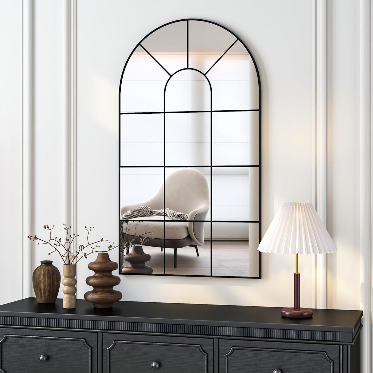 NEUWEABY Arched Wall Mirror, 42"x24" Arched Window Mirror Decorative Wall Mounted, Black Frame Window Pane Mirror Rustic Arch Mirror for Living Room Bedroom Entryway NEUWEABY