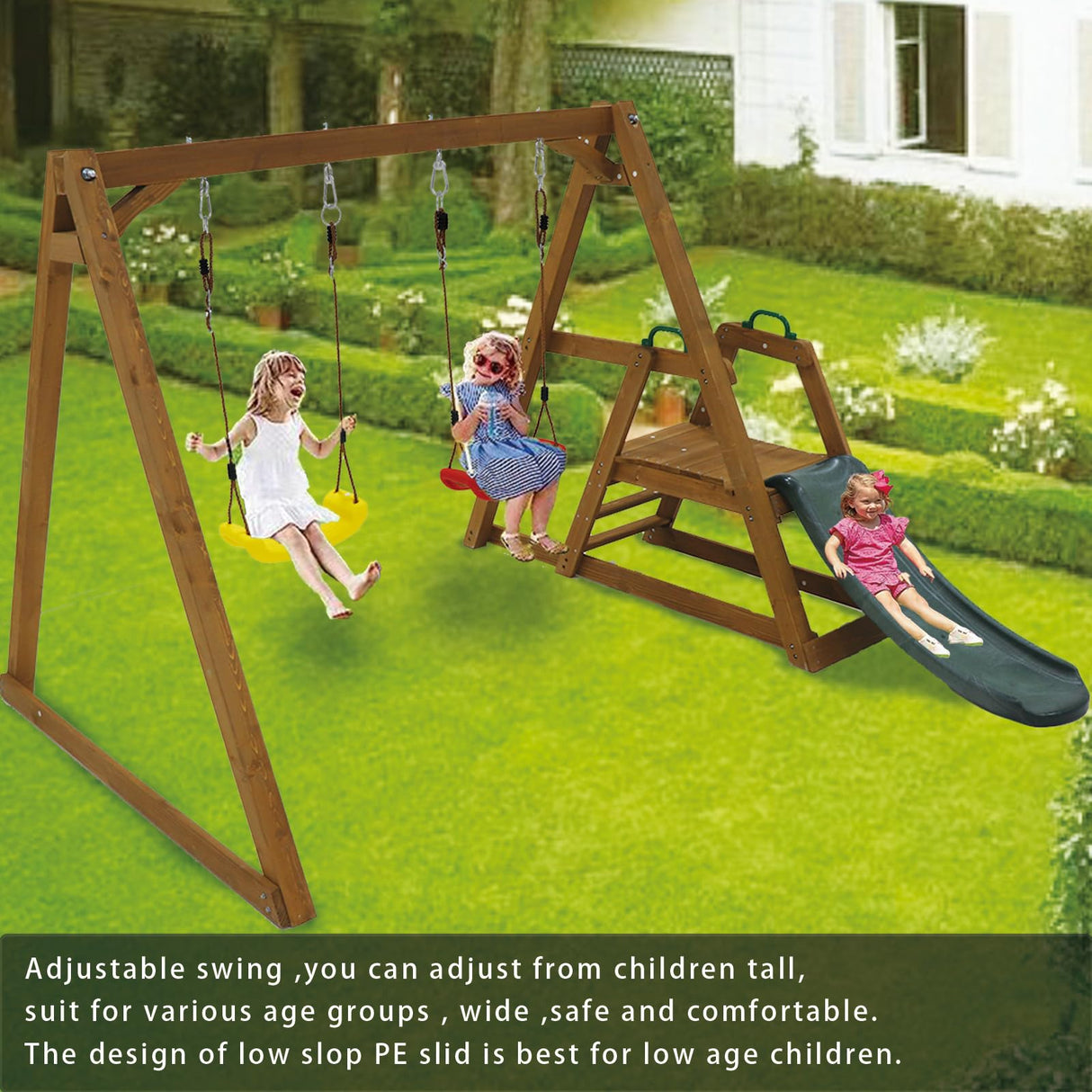 POPUQUEEN Kids Swing Set Outdoor and Slide - Sturdy Solid Wood Swing Frame with Climbing Ladder - Natural POPUQUEEN