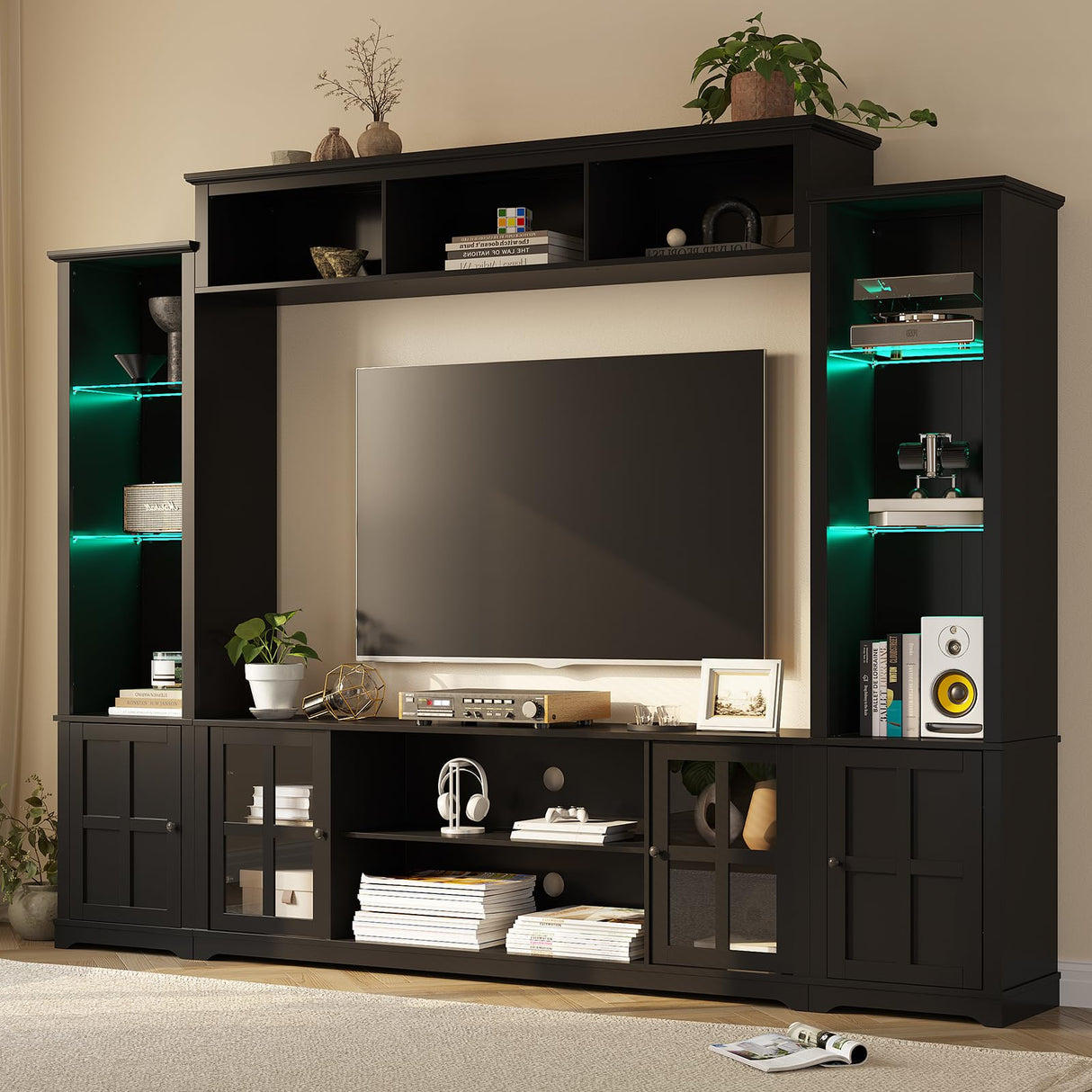 MEISSALIVVE Wall Unit TV Stand with Storage & LED Lights, Large Entertainment Center with Bookshelves for TVs up to 75", Media Console for Living Room, Black MEISSALIVVE