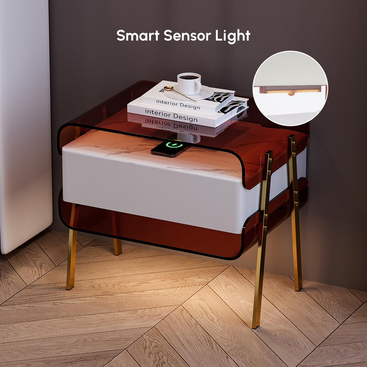 homary Modern Lighted Nightstand with Wireless Charging Station, Acrylic Shelves and Motion Sensor LED – Smart Bedside Table with Leather Drawer and Stainless Steel Legs homary