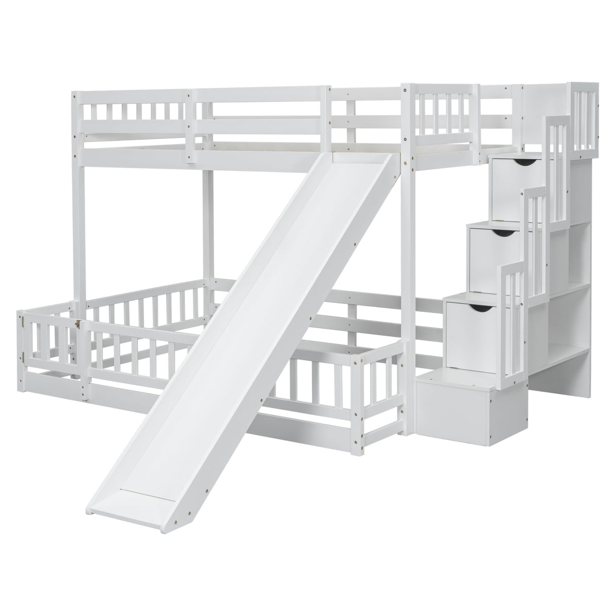 Duxelifin Twin Over Full Bunk Beds with Slide and Stairs, Floor Bunk Bed Frame with Rails, Convertible Wood Loft Bed with Storage Staircase for Kids Boys Girls, White Duxelifin