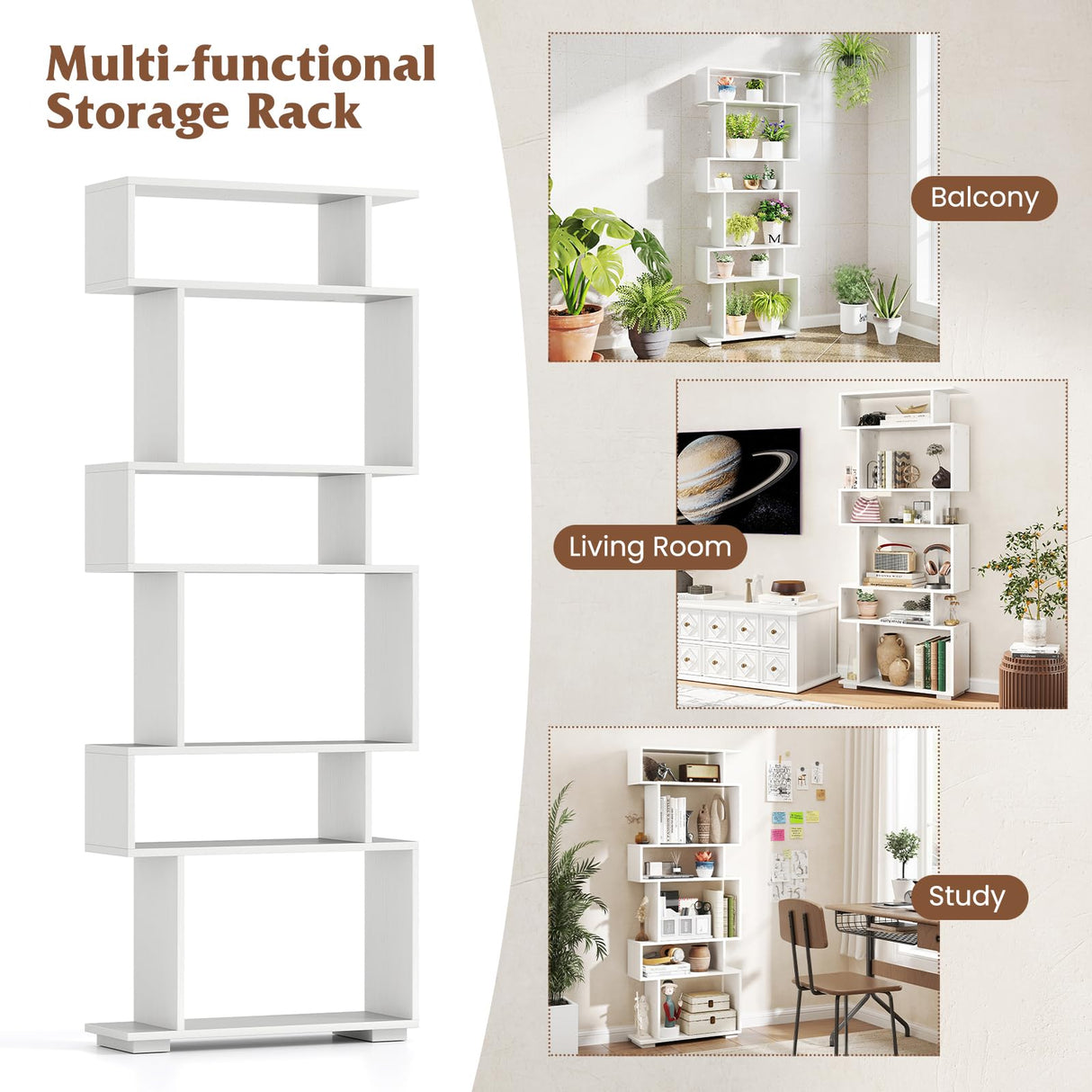 Tangkula 6-Tier S-Shaped Bookshelf, 64" Freestanding Geometric Bookcase, Home Office Wood Storage Shelf with Anti-Toppling Device, Room Divider Display Rack for Study, Living Room (1, White) Tangkula