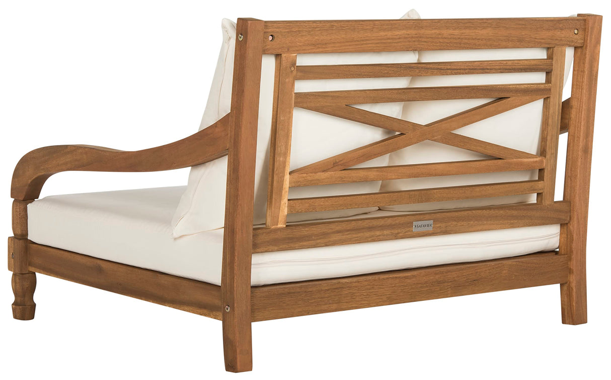 SAFAVIEH Outdoor Collection Pomona Natural Solid Wood/Beige Lounger Bench Sofa Loveseat (PAT6740A) SAFAVIEH