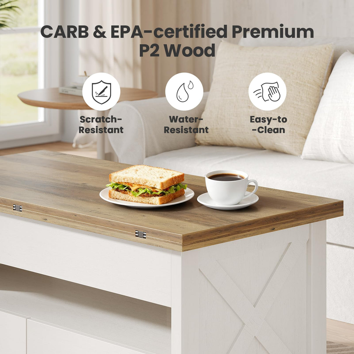 Amada Lift Top Coffee Table, 4 in 1 Convertible Coffee Table with Drawers and Hidden Compartment, Expandable Center Table Converts to Dining Table for Living Room, White & Oak AMADA HOMEFURNISHING