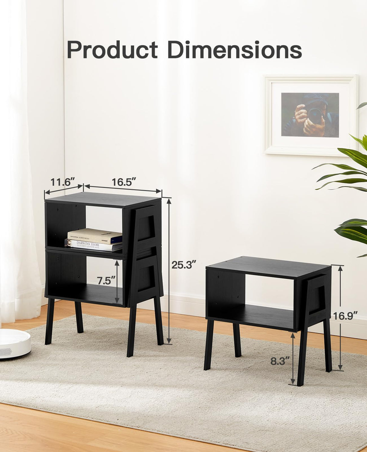 Pipishell Bedside Tables, Stackable Bamboo Nightstands, Bamboo Side Tables for Bedroom & Living Room, End Table Night Stands, Set of 2, Black,PIET01B Pipishell