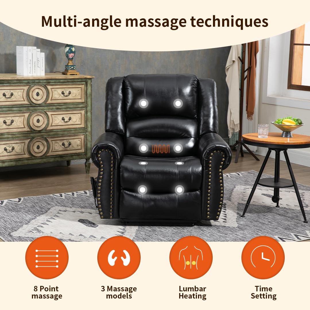 Genuine Leather Power Lift Recliner Elderly Chair, Lay Flat Lift Chairs, Remote Control with Point- Like Distribution Massage/Heating/Adjusting Reclining Model (Black) Luckoney
