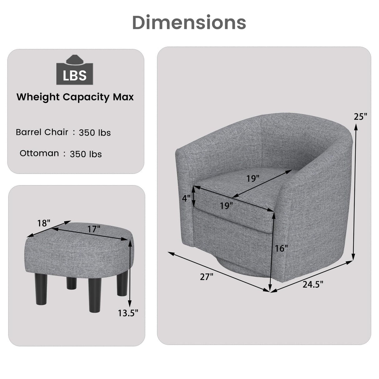 KOMFOTT Swivel Barrel Chair with Ottoman, Upholstered Armchair with Footrest, Removable Seat Cushion, Linen Fabric Club Reading Sofa Chairs, Modern Accent Chair for Living Room, Bedroom, Grey KOMFOTT