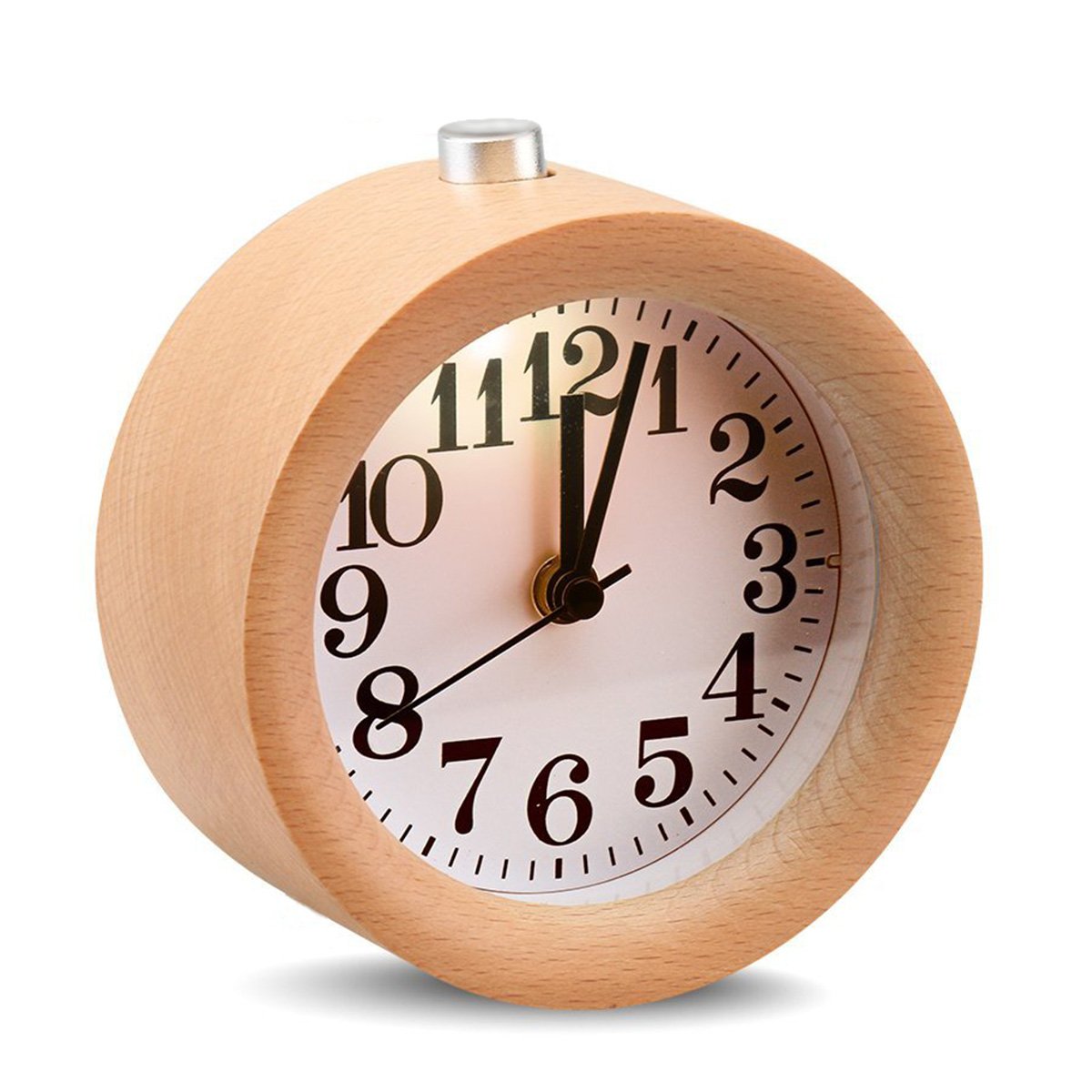 EC VISION Handmade Classic Small Round Silent Table Snooze Beech Wood Alarm Clock with nightlight EC VISION
